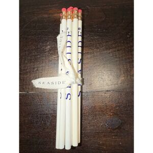 Seaside Pencils Set‎ of 10 White Blue Logo Pink Eraser Gold Ferrule